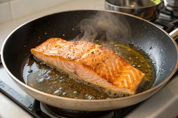 hot salmon meat sizzle in oil frying pan