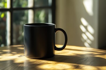 Plain Black Ceramic Mug Mockup on Wooden Table