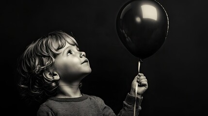 A child holding a balloon, looking up with excitement.
