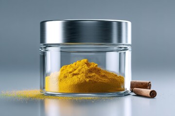 Golden turmeric powder in a glass jar with cinnamon sticks on a grey background