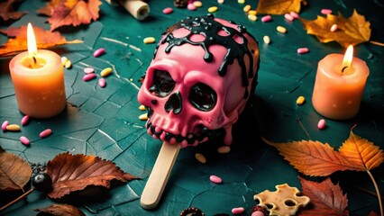A Pink Skull Shaped Popsicle with Dripping Chocolate and Fall Accents on a Green Background