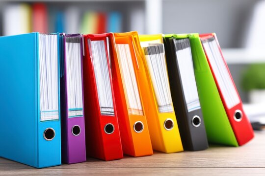 Colorful Assortment of Binders and Folders Arranged Neatly on a Desk in a Modern Office Workspace