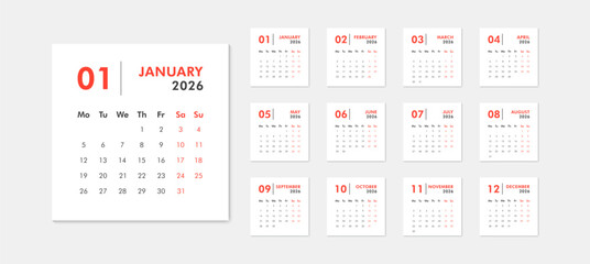 Monthly calendar template for 2026 year. Week starts on Monday. Desk or wall calendar in minimal style