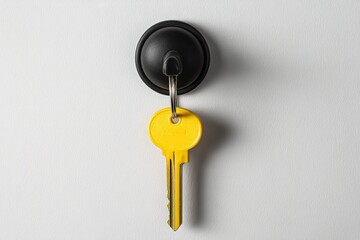 Bright yellow key hanging on a black hook against a plain white wall background showcasing simplicity and functionality