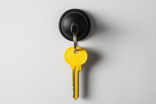 Bright yellow key hanging on a black hook against a plain white wall background showcasing simplicity and functionality