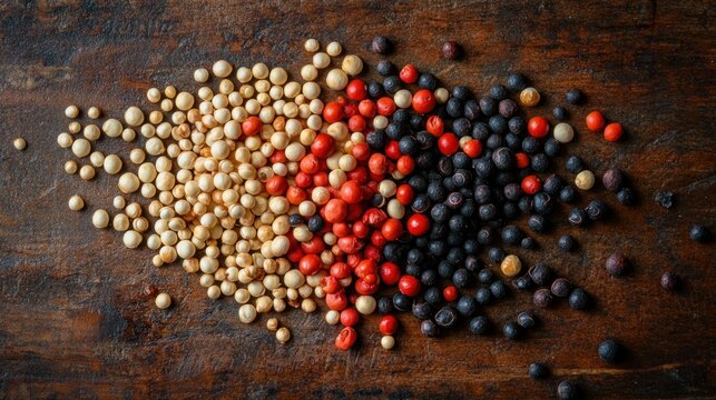 Assorted peppercorns on dark wood - Powered by Adobe