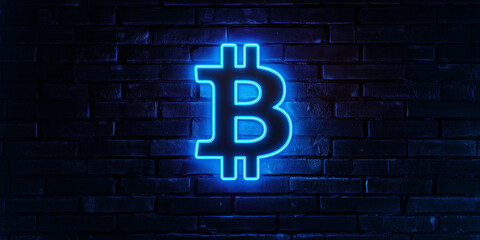Cryptocurrency Bitcoin sign in vivid blue neon urban setting