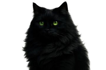 Black cat posing with green eyes against a white background for t-shirt  
