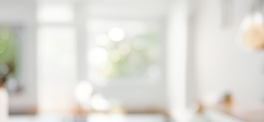 Bright blurred interior view of a room with a window and light colors.premium modern kitchen interior for background