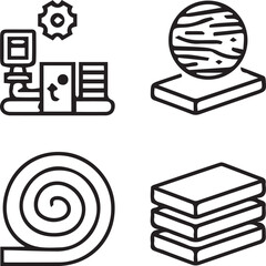 Manufacturing and Production Icons: A detailed representation of industrial machines, gear, rolled and cut material. capturing the essence of production and industrial activities.