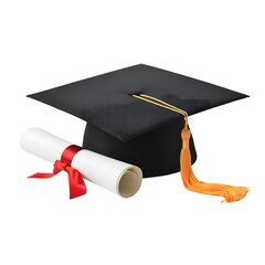 Graduation Cap with Gold Tassel and Diploma with Red Ribbon on Transparent