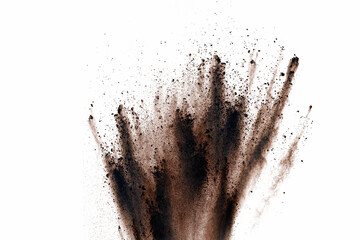 Brown powder explosion isolated on white background.