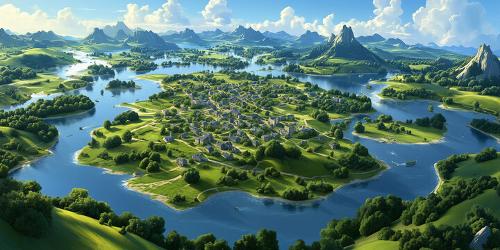 Aerial landscape of lush green islands and winding rivers under bright skies, perfect for travel promotions, eco-tourism campaigns or nature conservation themes - Powered by Adobe