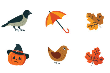 Delightful autumn icons showcasing charming birds, vibrant colorful leaves, and festive Halloween pumpkins galore