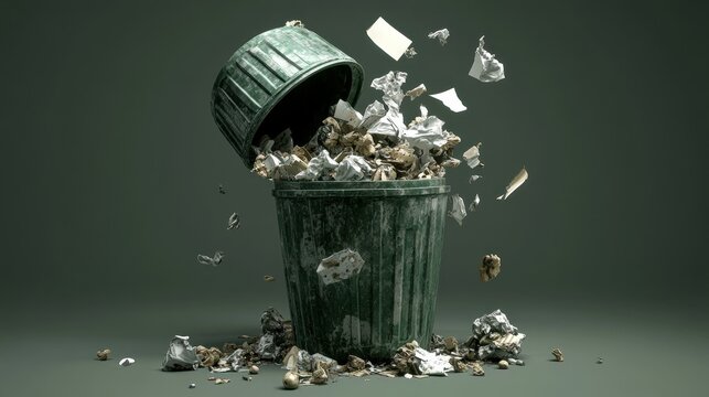 Open trash can overflowing with paper and debris