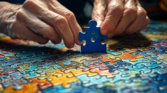 Aged hands carefully placing a blue jigsaw puzzle piece onto a vibrant, partially-completed puzzle