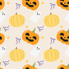 Happy halloween seamless pattern for fabric or background. Cute character of pumpkin ghost star and coquette bow in orange and purple illustration flat vector.