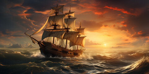 Obraz premium Classic sailing ship cruising through golden sunset ocean, perfect for adventure stories, historical themes, or maritime promotional artwork