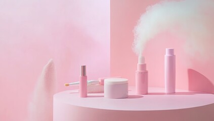 Pink cosmetic display, soft lighting