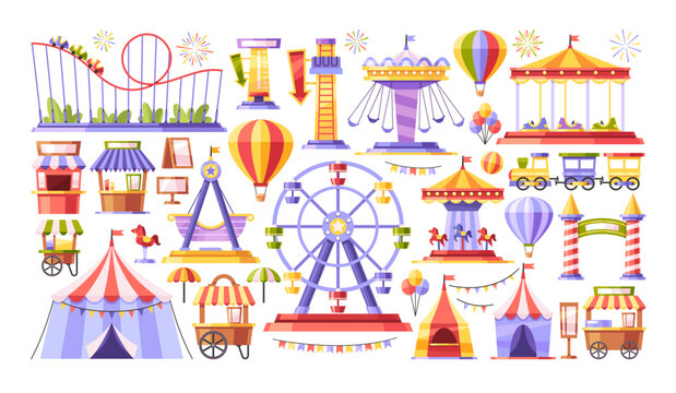 Amusement park attractions design elements set with rides, air-hot balloons, ferris wheel, carousels