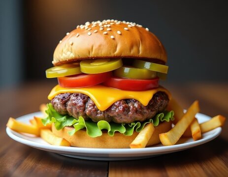Juicy Cheeseburger with Fries - Delicious Fast Food Meal