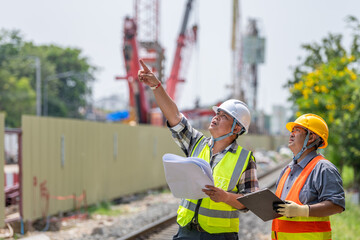 Two construction engineers wea safety helmets and reflective vests reviewing blueprints and...