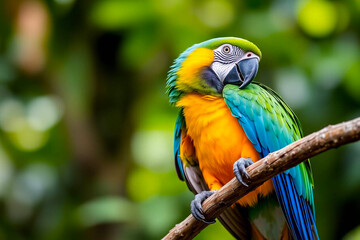 Obraz premium Magnificent Green-Winged Macaw Perched on a Tree Branch, Displaying Its Vivid Red, Green, and Blue Plumage in a Tropical Setting, Vibrant Wallpaper