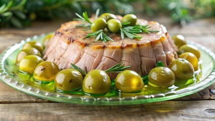 A savory meat terrine with a rosemary garnish, served on a green plate with olive oil and green olives.