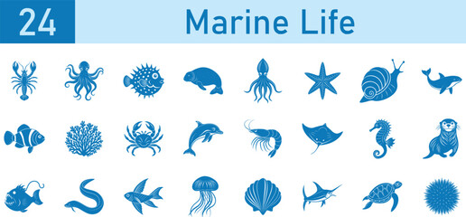 Set of 24 Marine life on transparent background, dolphin, whale, shark, coral, turtle, squid, crab, seal, octopus, seahorse, starfish, jellyfish, stingray, shell and more	
