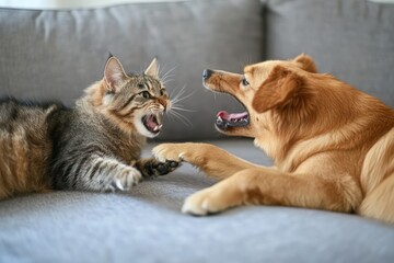 Cat and dog fight playfully in bright living room