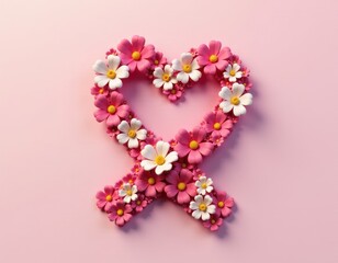 Pink and White Flower Heart Ribbon for Breast Cancer Awareness