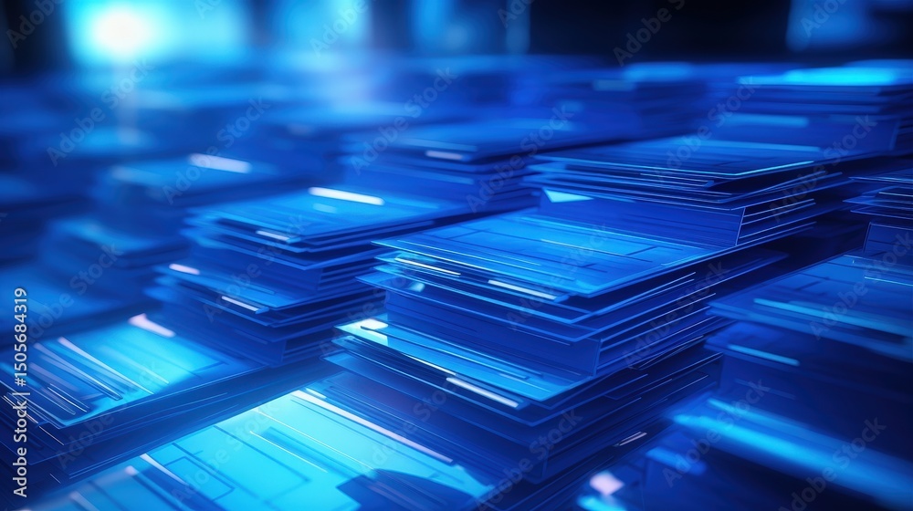Poster abstract blue network grid with files and folders, futuristic software interface, digital document m