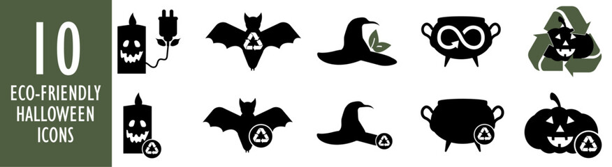 Eco-friendly Halloween icons set with recycling symbols. Ten black silhouette elements including pumpkin bat witch hat and cauldron perfect for sustainable holiday design projects. Vector illustration
