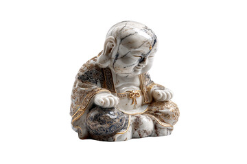 Fototapeta premium Ornate laughing Buddha figurine in decorative robes with gold accents, carved from marbled white stone, isolated on a transparent background