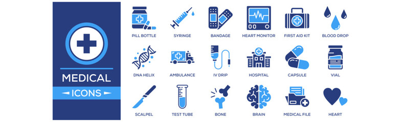 Medical icon set. Containing design Pill Bottle, Syringe, Bandage, Heart Monitor, First Aid Kit. Solid icon collection.