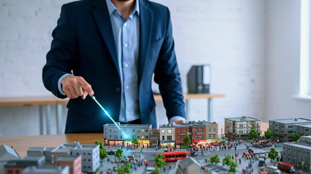 Business professional presenting a miniature city model, showcasing urban planning in a modern office