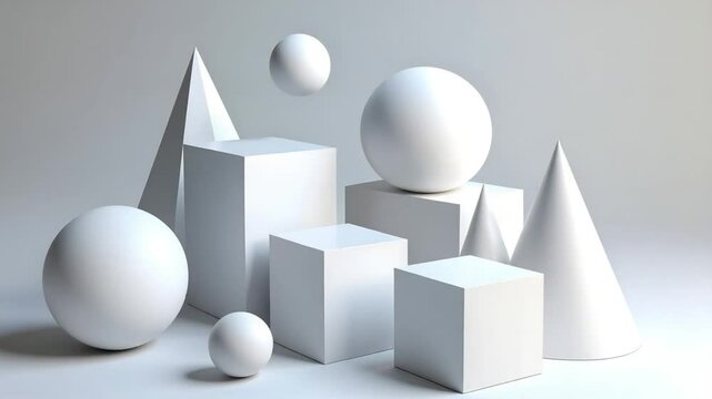 Geometric shapes including spheres, cubes, cones and pyramid in composition.