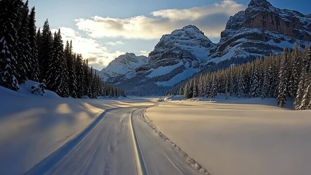 Sunlit cross-country ski trail winds through snowy mountain valley at sunset