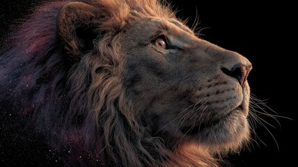 Naklejka premium Majestic Lion Portrait Against Black Background with Stars