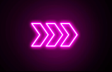 Neon arrow icon. Right Arrow sign. Indicator symbol. Pink Color arrow icon on black background. Road sign. Stairs symbol.	