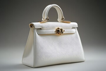 Exquisite textured white handbag displays golden accents and clean lines on a sleek background