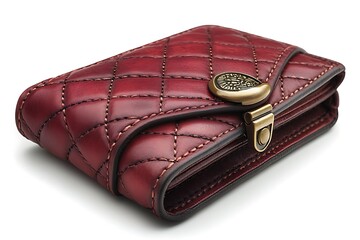 Quilted burgundy leather billfold has a gold clasp that holds all the valuables secure