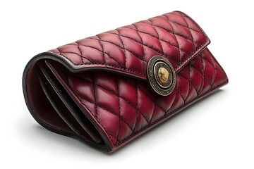 Quilted burgundy leather clutch features intricate golden medallion embellishment for a sophisticated, elegant style