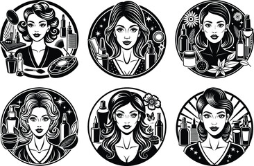 Elegant Black and White Illustrations of Women with Beauty Products. Diverse Beauty