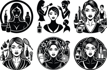 Beauty Icons Skincare, Makeup, and Cosmetics Illustrations. Diverse Beauty