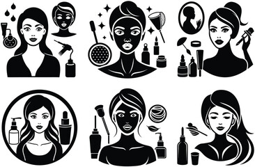 Beauty Icons Skincare, Makeup, and Cosmetics Illustrations. Diverse Beauty