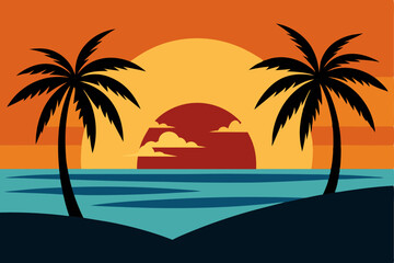 Tropical Sunset with Palm Trees – Ocean Horizon Vector