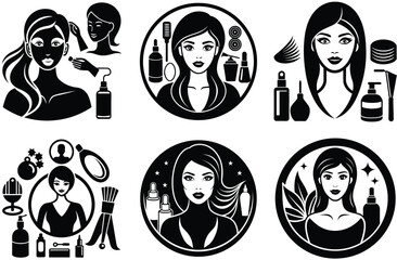 Beauty Icons Skincare, Haircare, and Makeup Routine Illustrations. Diverse Beauty