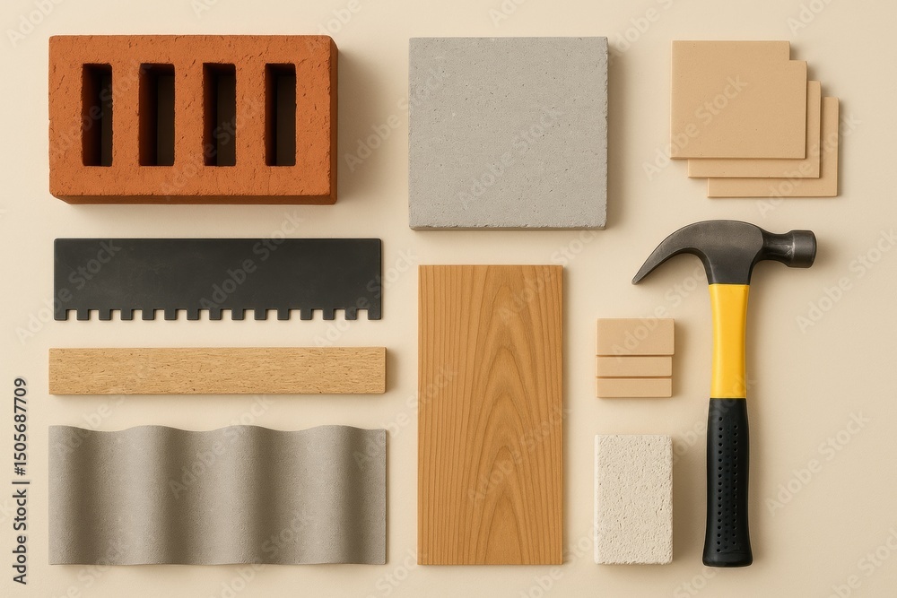 Aufkleber Various Building Materials and Tools Arranged on a Light Background for Construction and Design Projects