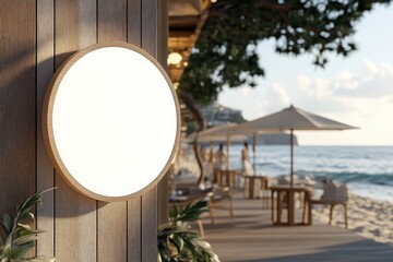 Circular blank sign on wooden wall, beach cafe background, sunlit, coastal setting